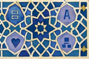 Editorial illustration in zellij-islamic-geometric style depicting four zellij tiles of FHIR value shapes for arbitrary units