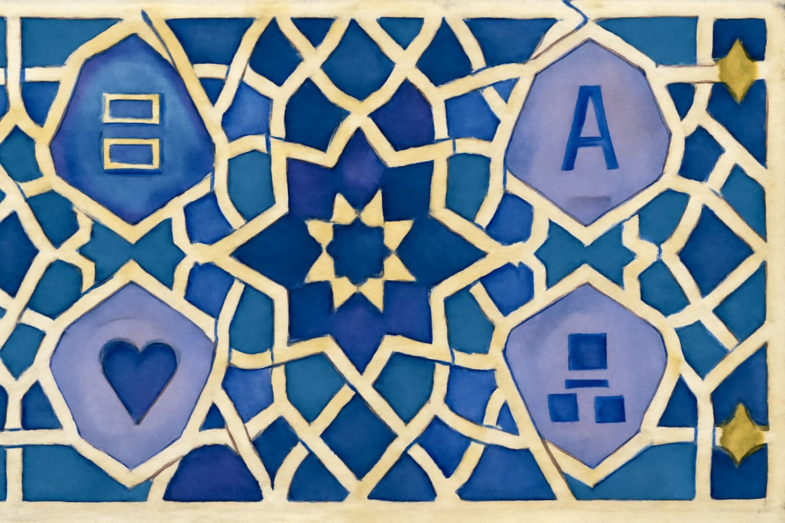 Editorial illustration in zellij-islamic-geometric style depicting four zellij tiles of FHIR value shapes for arbitrary units