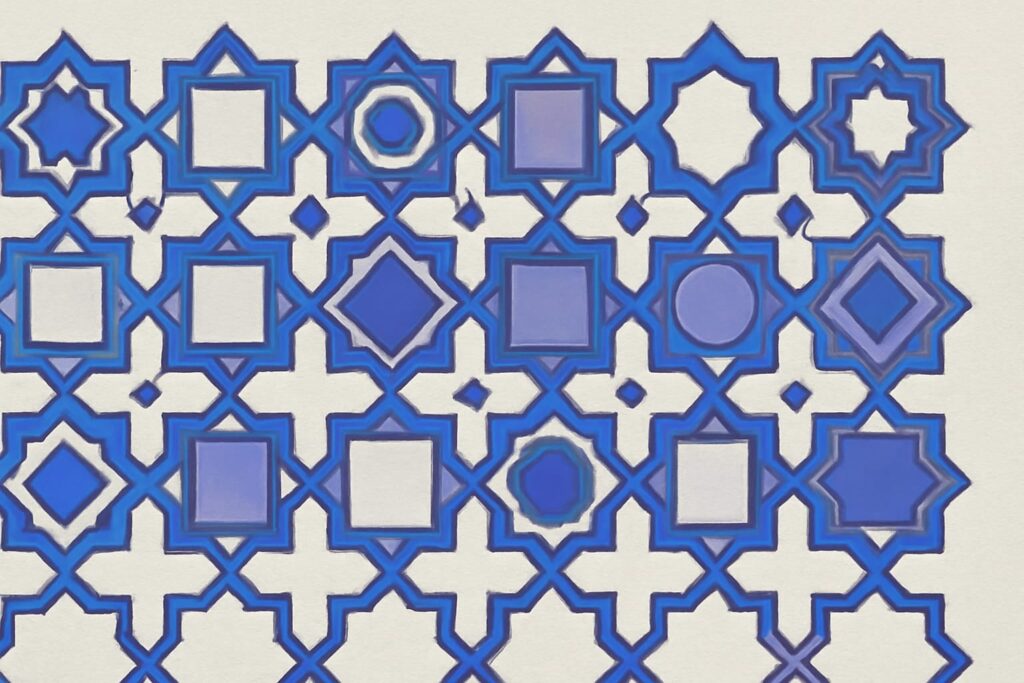 Editorial illustration in zellij-islamic-geometric style depicting a zellij fixture-testing grid for UCUM converters