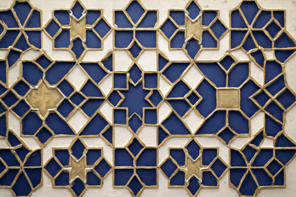 Editorial illustration in zellij-islamic-geometric style depicting a zellij-tiled UCUM grammar of base units, prefixes, and operators