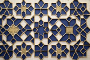 Editorial illustration in zellij-islamic-geometric style depicting a zellij-tiled UCUM grammar of base units, prefixes, and operators