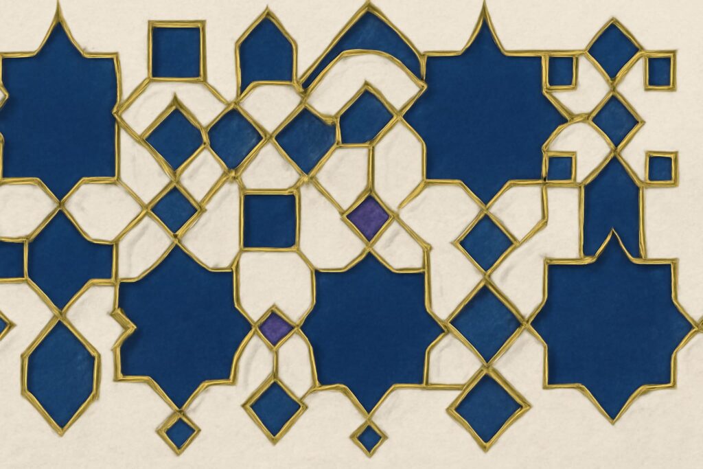 Editorial illustration in zellij-islamic-geometric style depicting a zellij UCUM prefix ladder with case-sensitive markers and longest-match rule