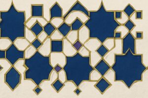 Editorial illustration in zellij-islamic-geometric style depicting a zellij UCUM prefix ladder with case-sensitive markers and longest-match rule