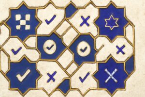 Editorial illustration in zellij-islamic-geometric style depicting five zellij tiles of common UCUM conversion errors with correct-vs-wrong outcomes